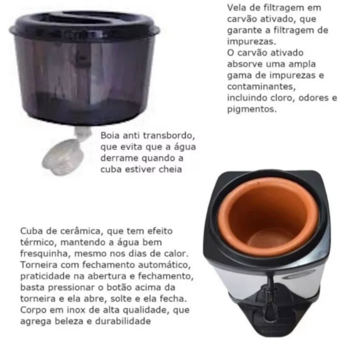 BEBEDOURO FILTRO PARA ÁGUA INOX COM BASE DE BARRO